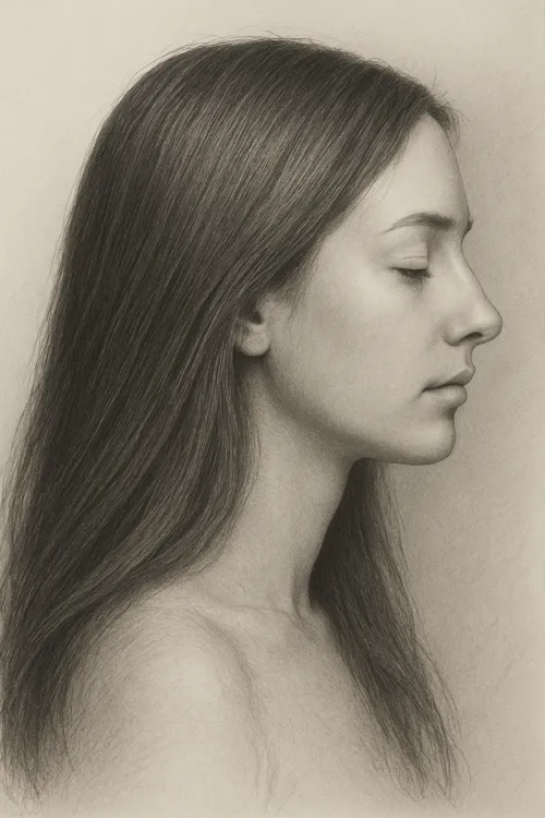 Dibujo realista limpio de una mujer con cabello largo de perfil