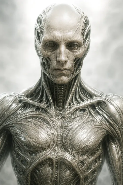 Escultura de un cyborg con estructura mecánica detallada