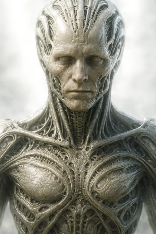 Escultura de un hombre cibernético con textura orgánica detallada