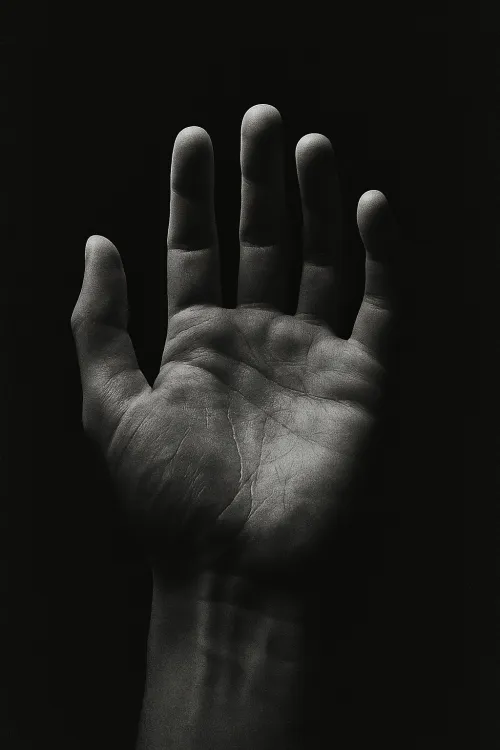 Mano de una persona con la palma abierta sobre un fondo negro