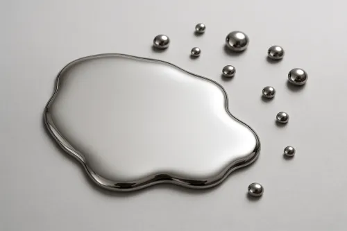 Superficie de mercurio con gotas en ella, hermoso brillo metálico