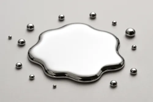 Metal en estado líquido con gotas alrededor sobre un fondo gris