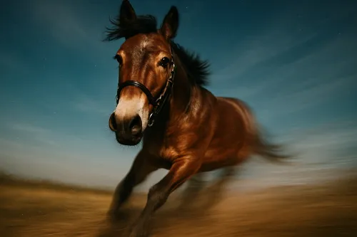 Caballo moviéndose por el campo con un fondo borroso y cielo claro