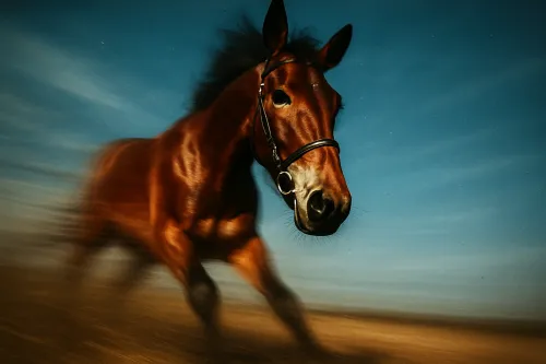 Caballo en movimiento en un fondo de espacio abierto y cielo brillante