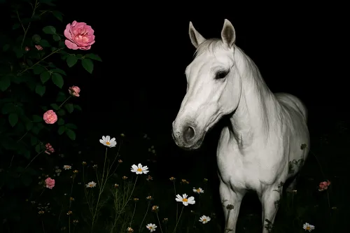 Fotografía de un caballo blanco junto a rosas y margaritas en un jardín nocturno