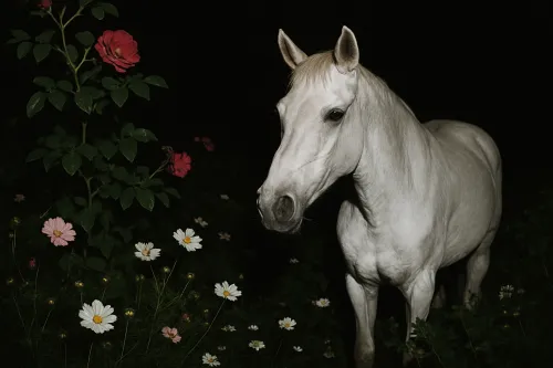 Imagen de un caballo blanco frente a un jardín nocturno con flores