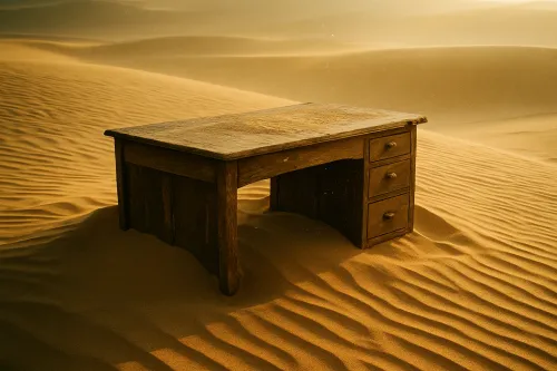 Mesa de madera antigua contra el fondo de dunas de arena del desierto