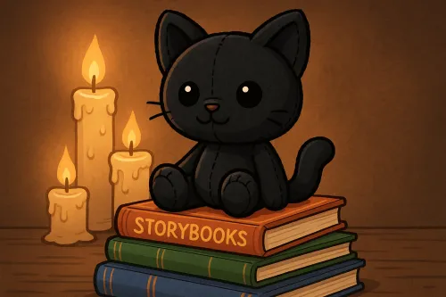 Gatita negra con ojos grandes sentada sobre libros junto a velas