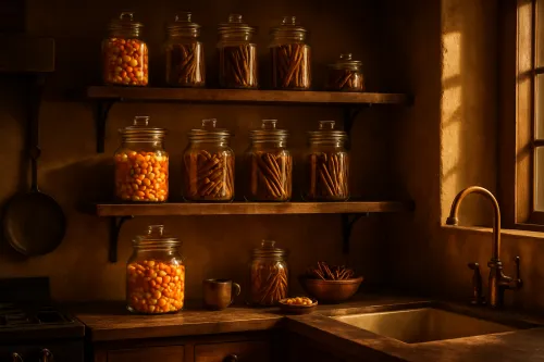 Interior de cocina con frascos de vidrio llenos de dulces y galletas