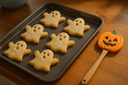 Galletas decoradas en forma de fantasmas sobre una bandeja de horno con una espátula de calabaza