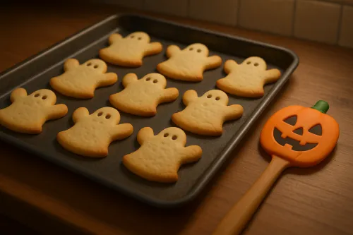 Galletas en forma de fantasmas en una bandeja junto a una espátula con forma de calabaza