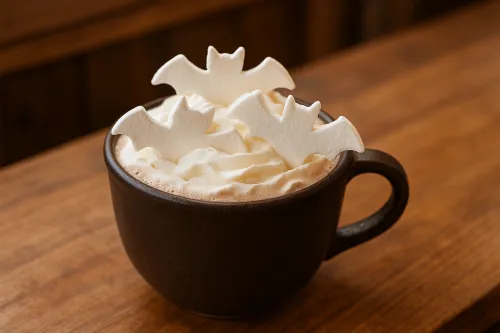 Chocolate caliente en una taza con malvaviscos blancos en forma de murciélagos