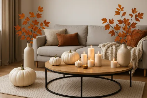 Sala de estar cómoda con calabazas y velas en estilo otoñal
