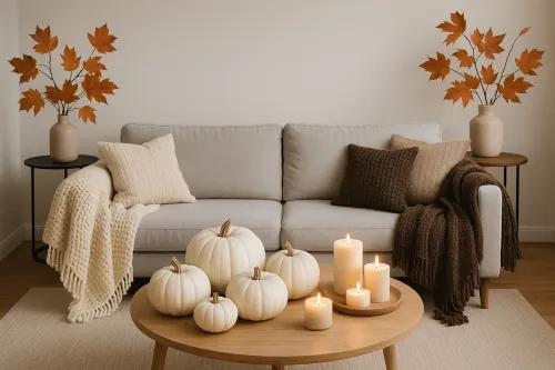 Sala con sofá, calabazas y velas en decoración otoñal
