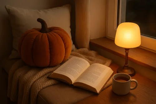 Cubículo de ambiente acogedor con un libro, una calabaza y una lámpara