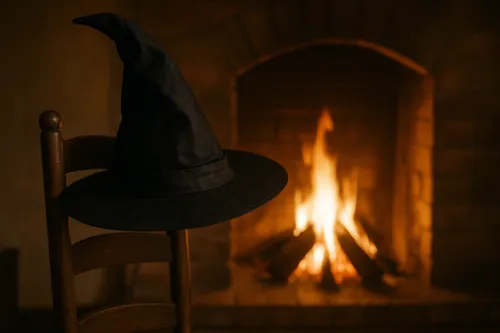 Sombrero de mago en una silla con la chimenea al fondo