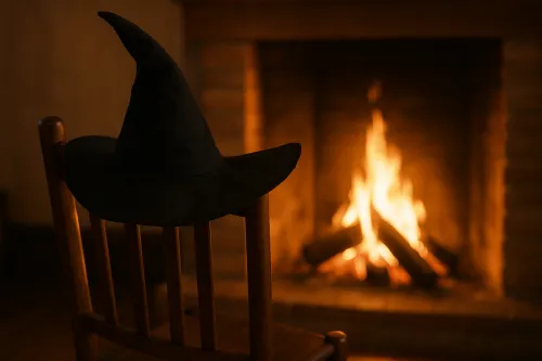 El sombrero de mago está colocado en el respaldo de una silla de madera junto a la chimenea