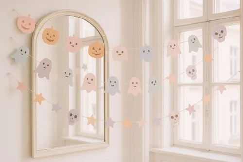 Decoración de papel colorido para Halloween en la ventana con fantasmas y calabazas