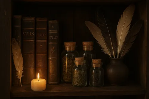 Estante con libros, pociones y plumas a la luz de las velas