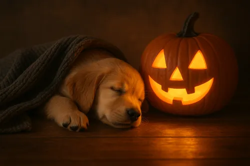 Золотистый щенок укутан в плед рядом с светящейся тыквой