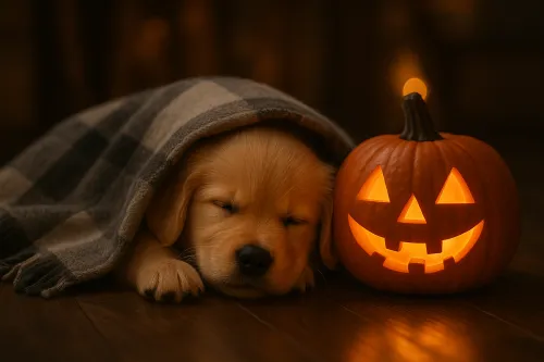 Cachorro dorado de retriever durmiendo con una calabaza en Halloween