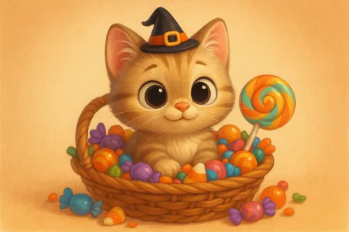 Divertida gatita con sombrero negro entre dulces en una canasta de mimbre