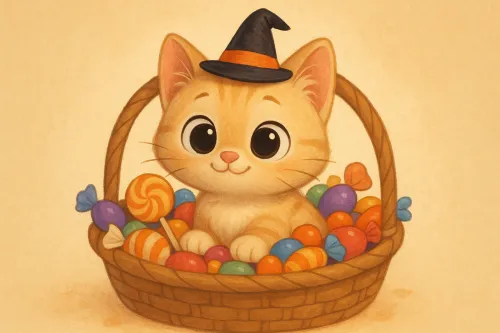 Gatito con sombrero sentado en una cesta de golosinas de colores