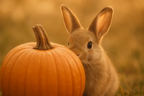 Un lindo conejo se esconde detrás de una calabaza naranja en un fondo de otoño
