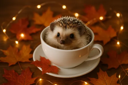 ¡Dulce erizo sentado en una taza blanca rodeada de hojas de otoño!