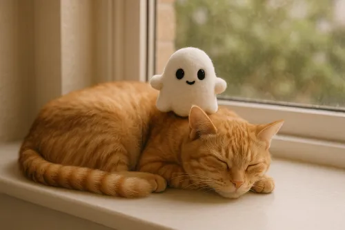 Gatito naranja durmiendo con un fantasmita de peluche en la espalda