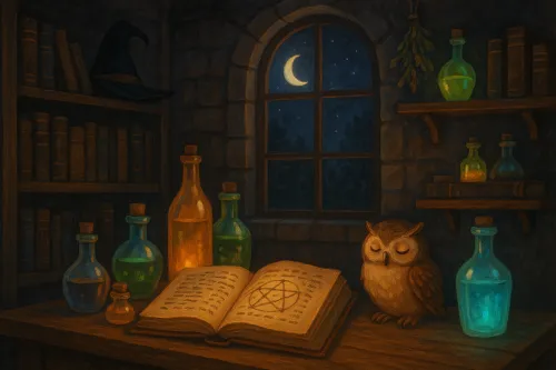 Habitación mágica con libros, pociones y búho
