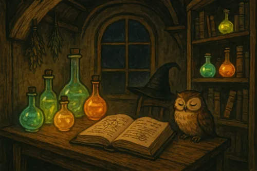 El búho se sienta al lado de un libro y frascos de colores en el laboratorio