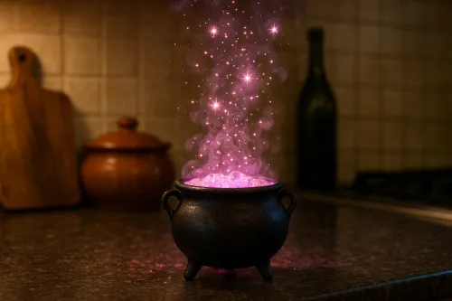 Caldera con burbujas moradas y chispas que emiten magia en la cocina