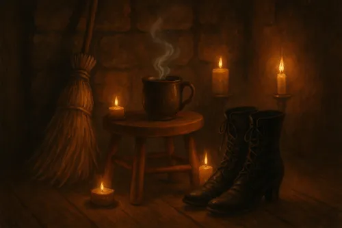 Escena acogedora con una taza de bebida caliente y velas