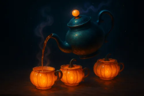 Imagen de una tetera vertiendo una bebida caliente en calabazas decoradas como vajilla