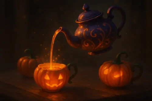 Tetera vertiendo una bebida luminosa en una taza de calabaza