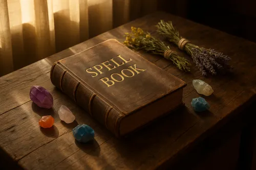 Antiguo libro de hechizos sobre una mesa de madera junto a cristales y hierbas