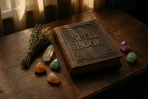 Imagen de un antiguo libro de hechizos sobre una mesa de madera con cristales y hierbas