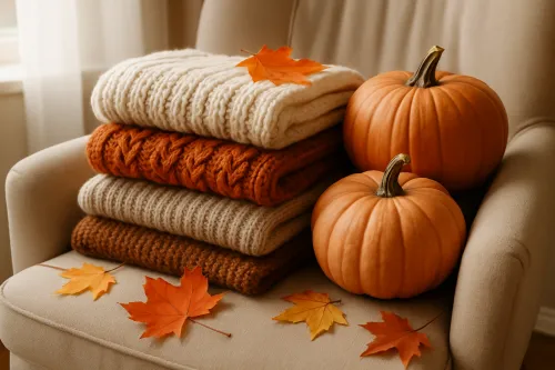 Pequeña composición con mantas y calabazas en una silla