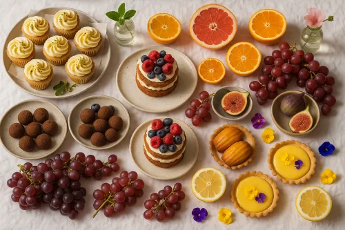 Variados postres dulces con frutas sobre un mantel blanco