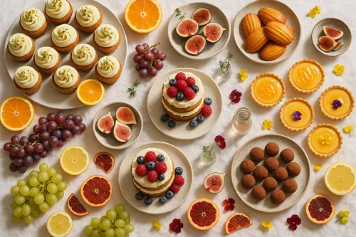 Composición variada de postres y frutas frescas sobre un mantel blanco