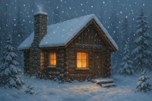 Paisaje invernal nevado con una cabaña acogedora y copos de nieve