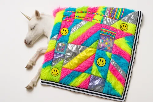 El unicornio descansa junto a un cojín brillante y colorido