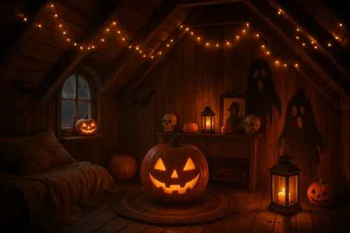 La cálida luz y las calabazas crean un ambiente otoñal en la habitación