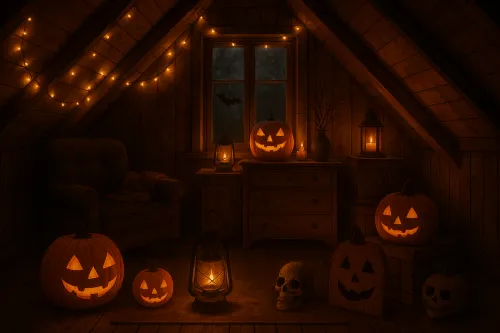 Acogedora buhardilla con calabazas y luces encantadas en Halloween