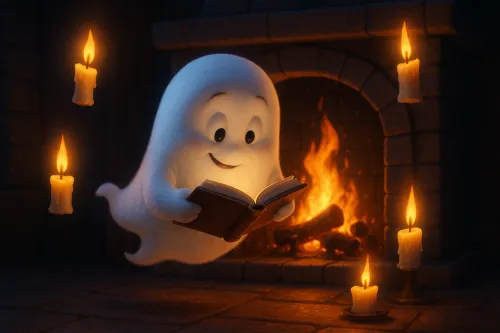 Un dulce fantasma leyendo un libro a la luz de las velas junto a la chimenea