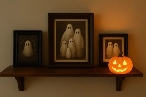 Retratos familiares de fantasmas y calabaza brillante en la estantería