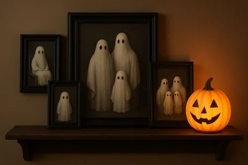 Fantasmas en marcos y calabaza brillante en una estantería