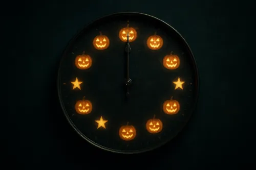 Reloj decorativo con calabazas y estrellas sobre un fondo oscuro