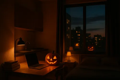 Habitación iluminada con un portátil, calabaza y paisaje urbano nocturno